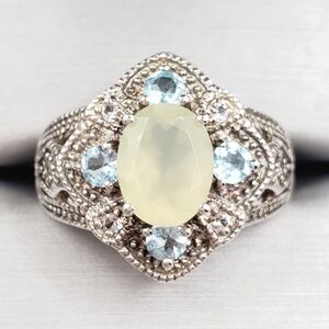 Apatite - White Topaz & Chalcedony 925 Sterling Silver Milgrain Design Ring